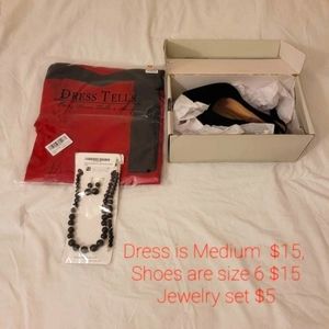 Red dress, black pointed shoes, and black jewelry